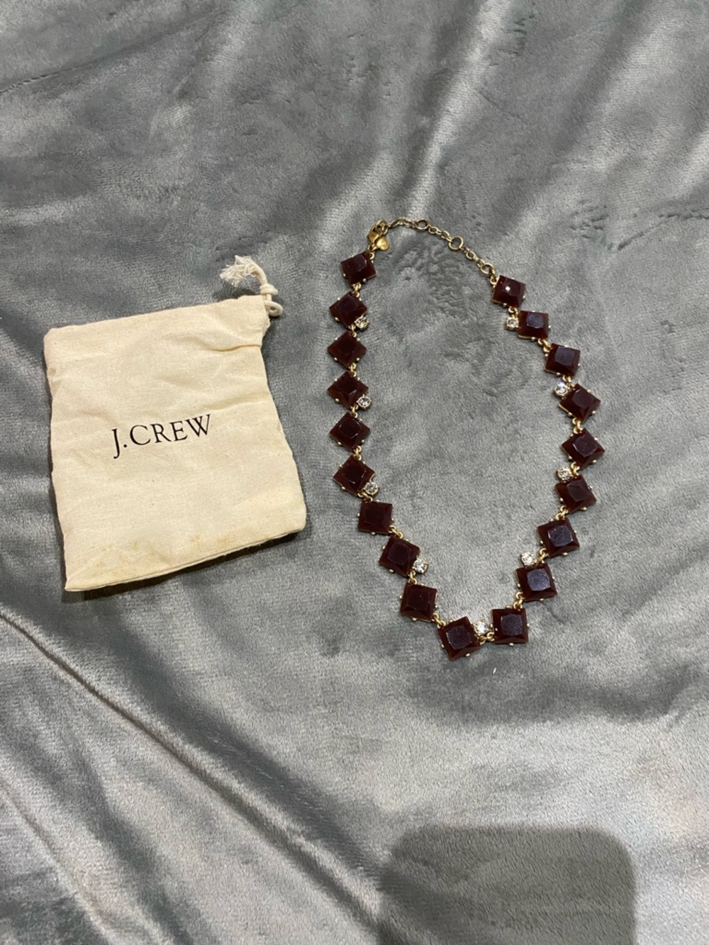 J. Crew Factory Burgundy Square Stone Necklace with Gold Tone Chain